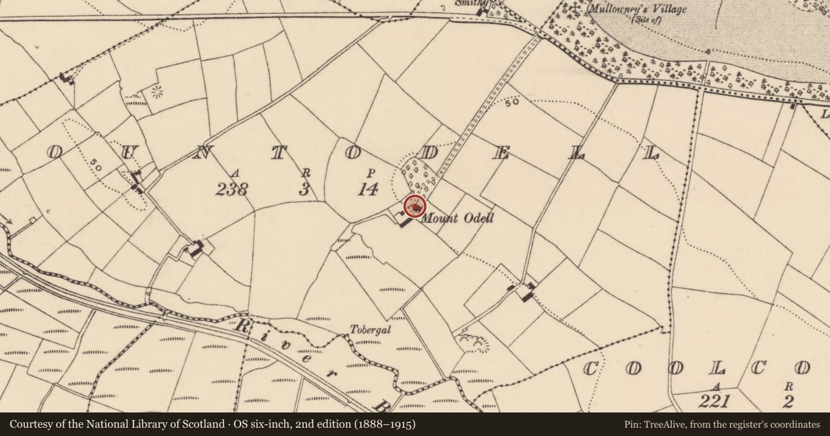 Ordnance Survey six-inch map, 2nd edition (1888–1915) covering the location of House - 17th century, Mountodell, County Waterford, with a pin at the register's coordinates