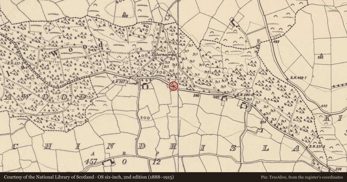 Ordnance Survey six-inch map, 2nd edition (1888–1915) covering the location of Cross, Inchindrisla, County Waterford, with a pin at the register's coordinates