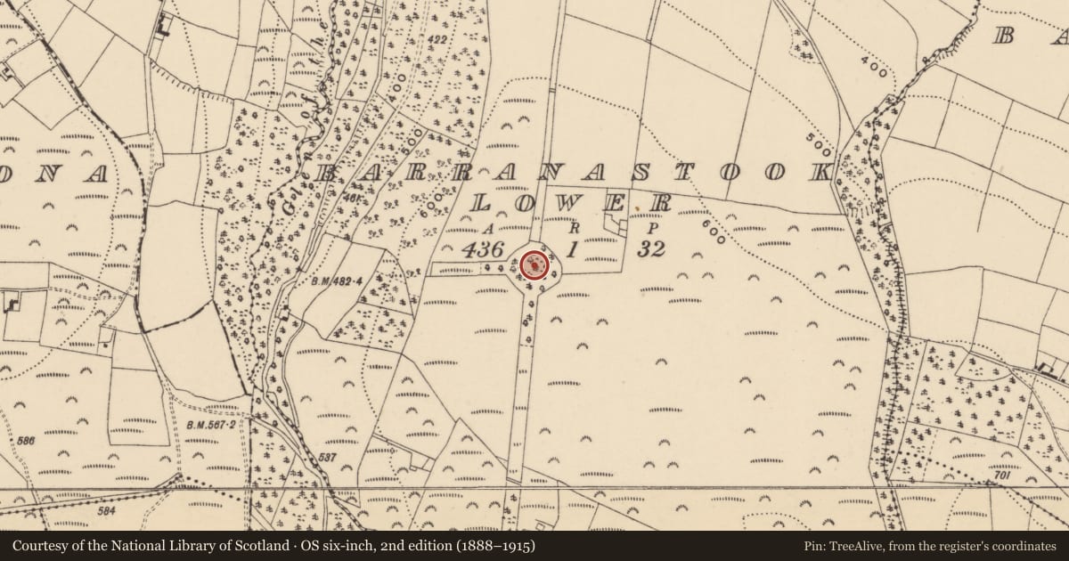 Ordnance Survey six-inch map, 2nd edition (1888–1915) covering the location of Enclosure, Barranastook Lower, County Waterford, with a pin at the register's coordinates