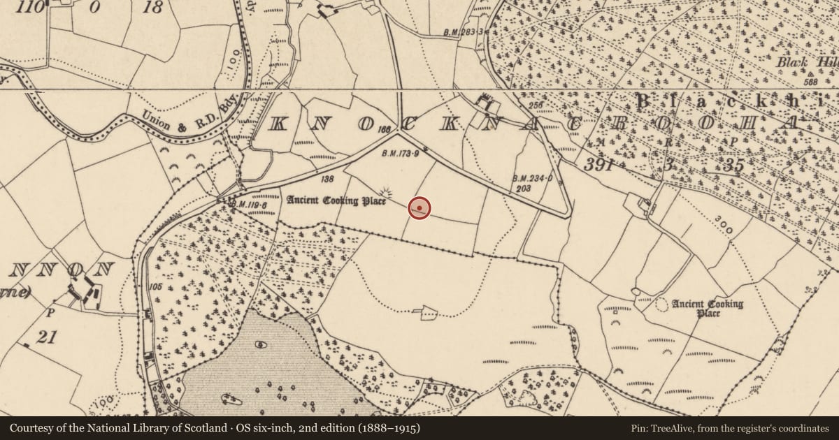 Ordnance Survey six-inch map, 2nd edition (1888–1915) covering the location of Fulacht fia, Knocknacrooha Upper, County Waterford, with a pin at the register's coordinates