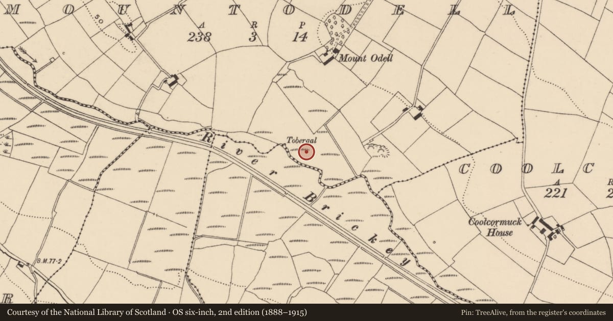 Ordnance Survey six-inch map, 2nd edition (1888–1915) covering the location of Burnt mound, Mountodell, County Waterford, with a pin at the register's coordinates