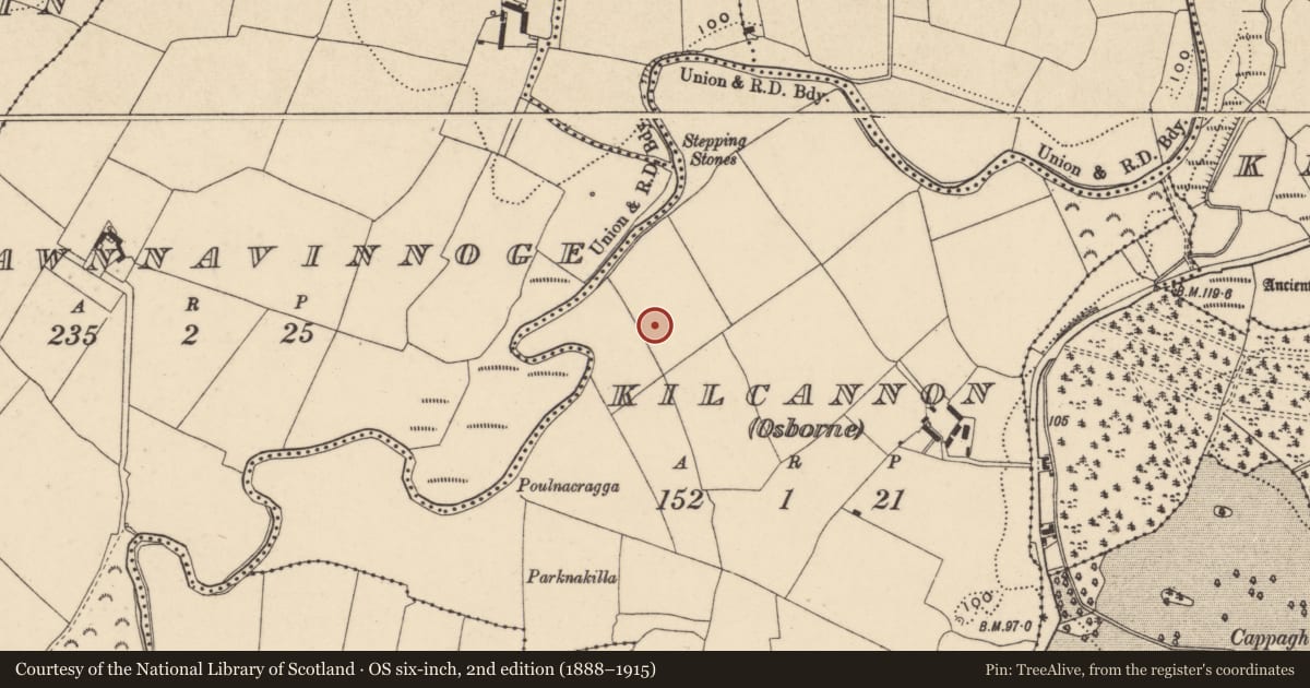 Ordnance Survey six-inch map, 2nd edition (1888–1915) covering the location of Enclosure, Kilcannon (Osborne), County Waterford, with a pin at the register's coordinates