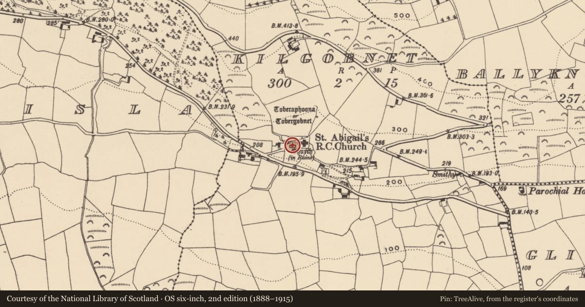Ordnance Survey six-inch map, 2nd edition (1888–1915) covering the location of Church, Kilgobnet, County Waterford, with a pin at the register's coordinates