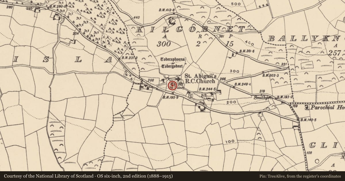Ordnance Survey six-inch map, 2nd edition (1888–1915) covering the location of Graveyard, Kilgobnet, County Waterford, with a pin at the register's coordinates