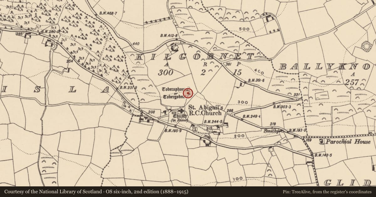 Ordnance Survey six-inch map, 2nd edition (1888–1915) covering the location of Ritual site - holy well, Kilgobnet, County Waterford, with a pin at the register's coordinates