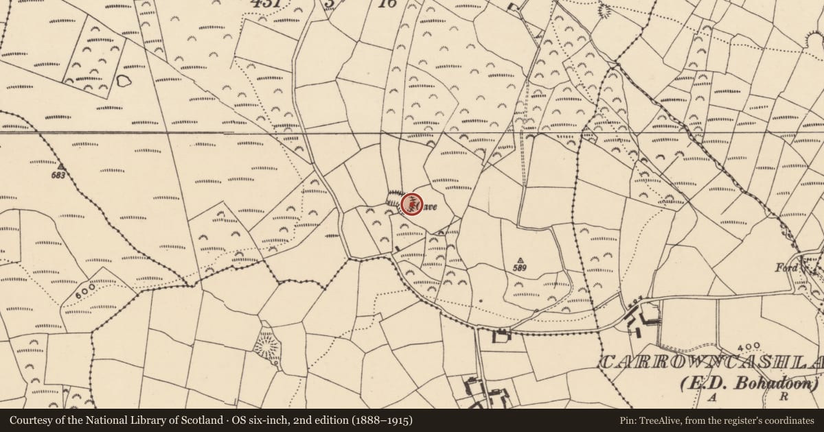 Ordnance Survey six-inch map, 2nd edition (1888–1915) covering the location of Souterrain, Ballyknock Upper, County Waterford, with a pin at the register's coordinates