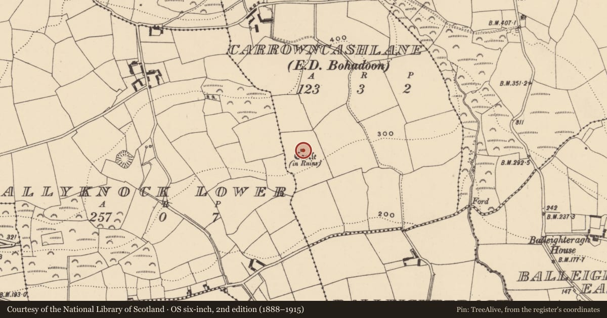 Ordnance Survey six-inch map, 2nd edition (1888–1915) covering the location of Castle - tower house, Carrowncashlane (Decies without Drum By., Kilgobnet Par.), County Waterford, with a pin at the register's coordinates