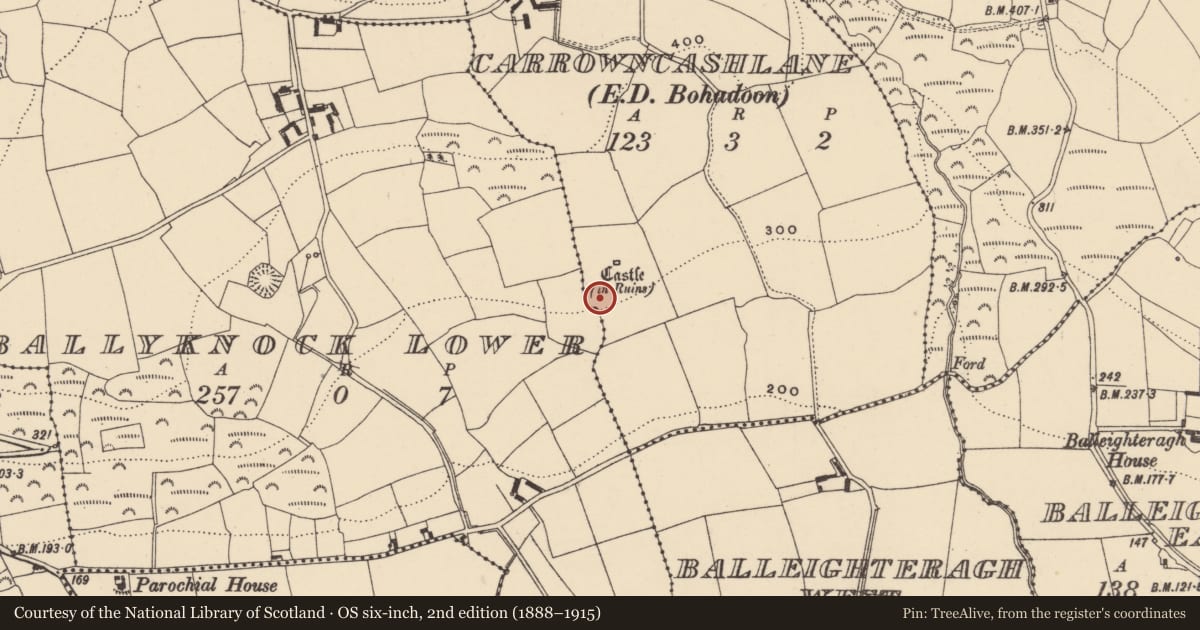 Ordnance Survey six-inch map, 2nd edition (1888–1915) covering the location of Enclosure, County Waterford, with a pin at the register's coordinates