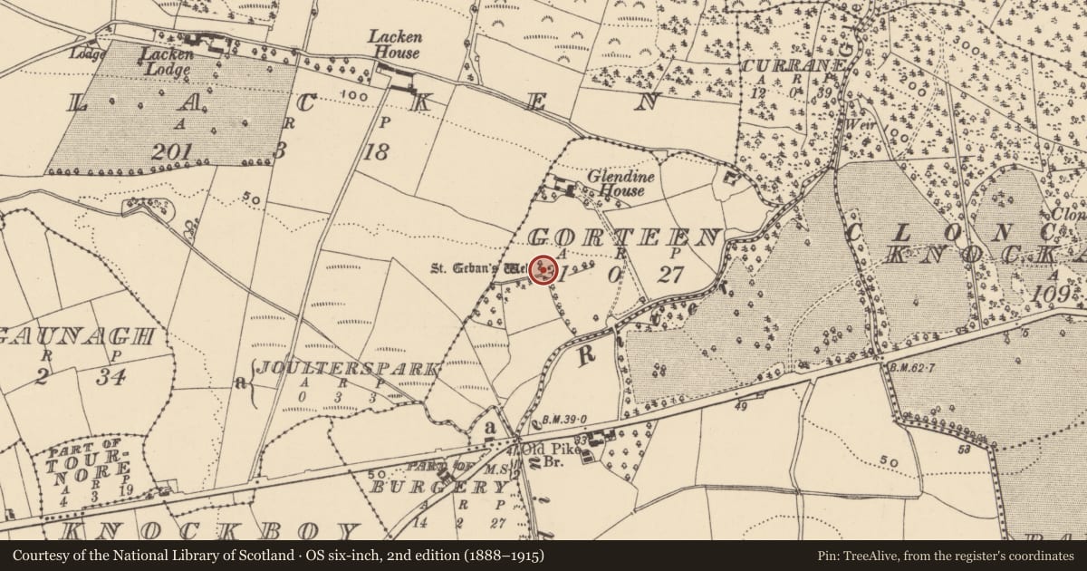 Ordnance Survey six-inch map, 2nd edition (1888–1915) covering the location of Ritual site - holy tree/bush, Gorteen, County Waterford, with a pin at the register's coordinates