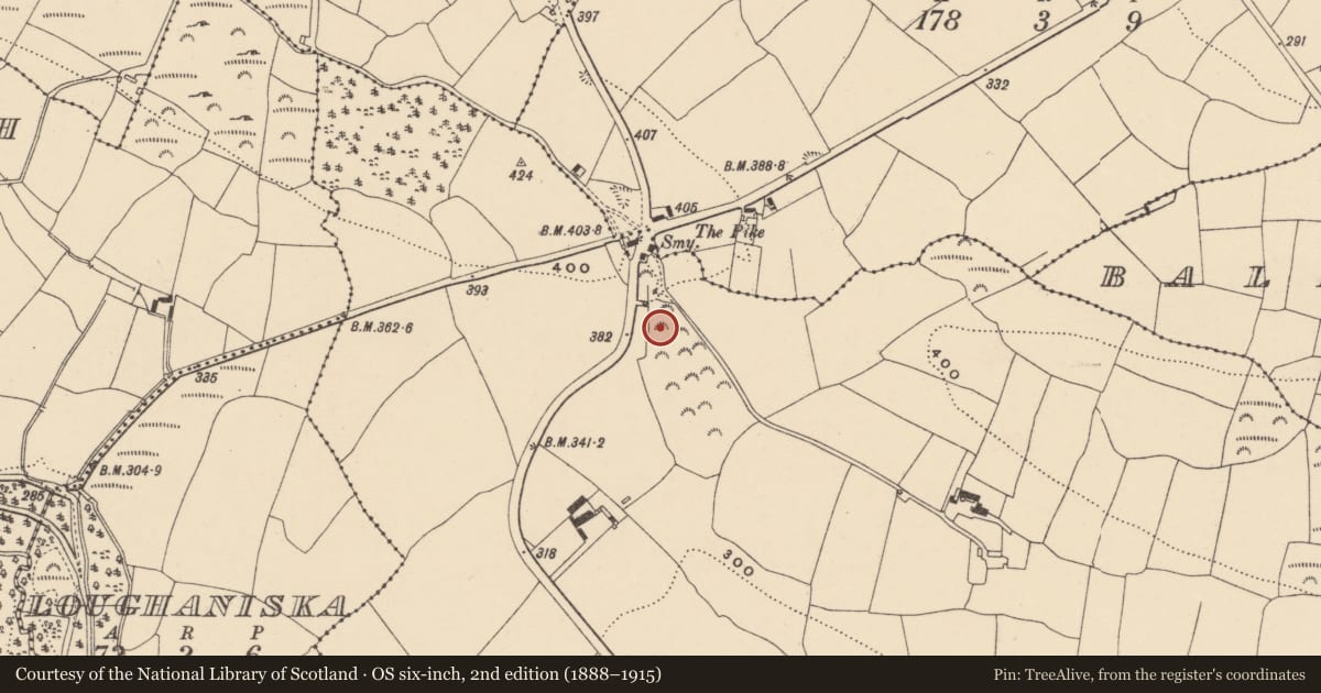 Ordnance Survey six-inch map, 2nd edition (1888–1915) covering the location of Burnt mound, Garranbaun, County Waterford, with a pin at the register's coordinates