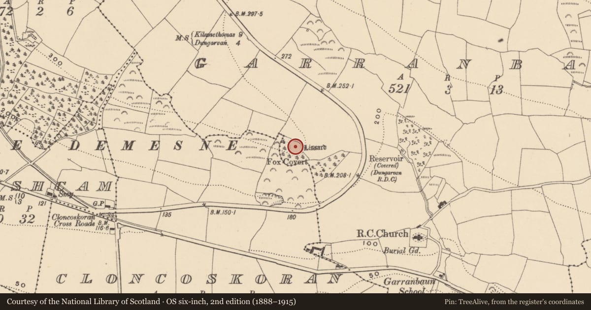 Ordnance Survey six-inch map, 2nd edition (1888–1915) covering the location of Hilltop enclosure, Cloncoskoran, Garranbaun, County Waterford, with a pin at the register's coordinates