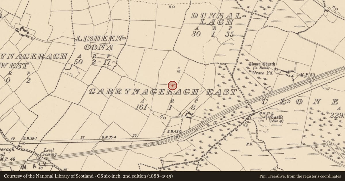 Ordnance Survey six-inch map, 2nd edition (1888–1915) covering the location of Ringfort - unclassified, Garrynageragh East, County Waterford, with a pin at the register's coordinates