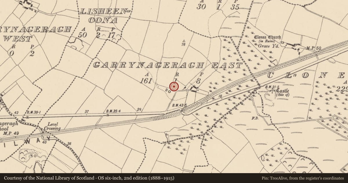Ordnance Survey six-inch map, 2nd edition (1888–1915) covering the location of Enclosure, Garrynageragh East, County Waterford, with a pin at the register's coordinates