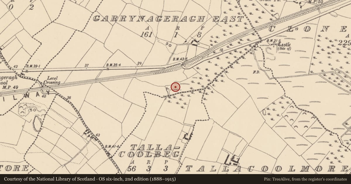 Ordnance Survey six-inch map, 2nd edition (1888–1915) covering the location of Fulacht fia, Garrynageragh East, County Waterford, with a pin at the register's coordinates