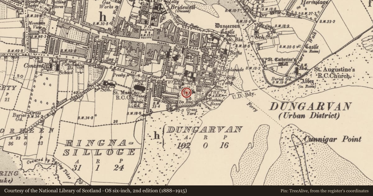 Ordnance Survey six-inch map, 2nd edition (1888–1915) covering the location of Church, Dungarvan, County Waterford, with a pin at the register's coordinates