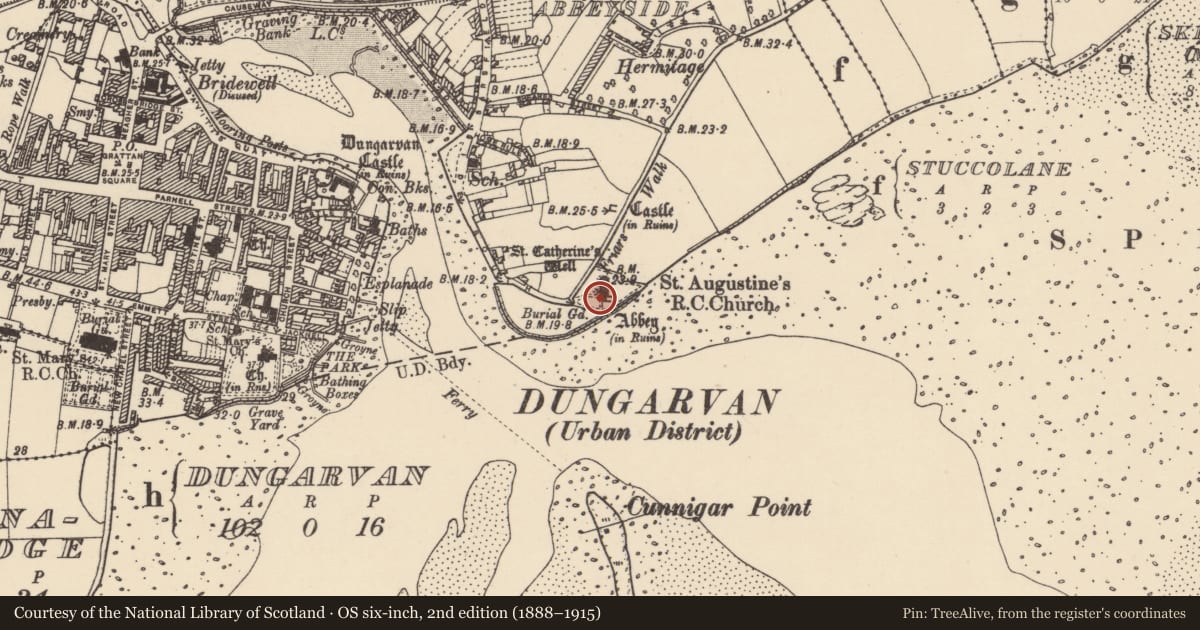 Ordnance Survey six-inch map, 2nd edition (1888–1915) covering the location of Religious house - Augustinian friars, Abbeyside, County Waterford, with a pin at the register's coordinates