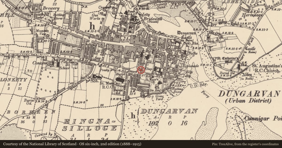 Ordnance Survey six-inch map, 2nd edition (1888–1915) covering the location of Town defences, Dungarvan, County Waterford, with a pin at the register's coordinates