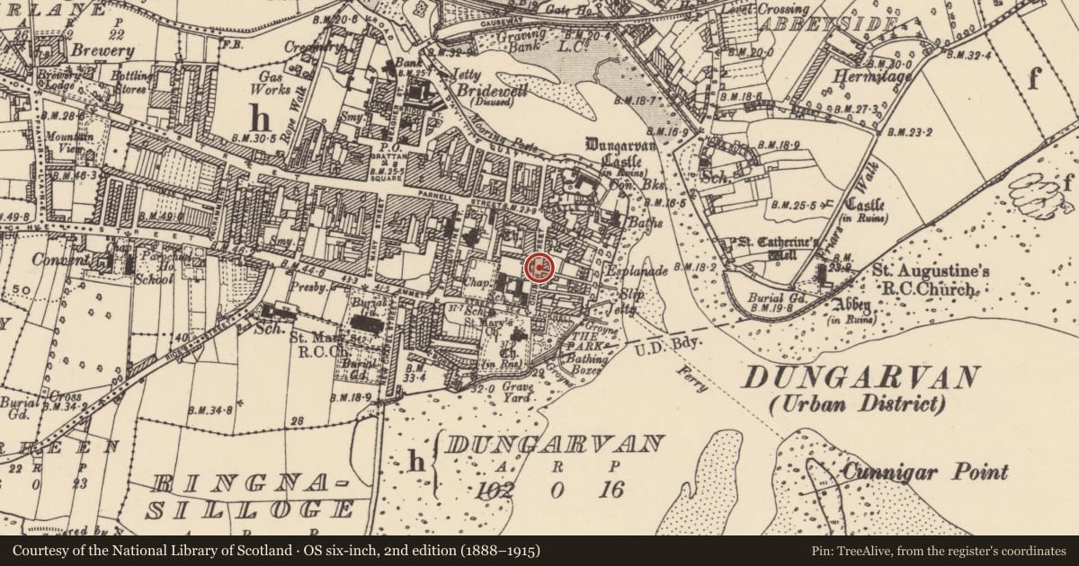 Ordnance Survey six-inch map, 2nd edition (1888–1915) covering the location of Memorial stone, Dungarvan, County Waterford, with a pin at the register's coordinates