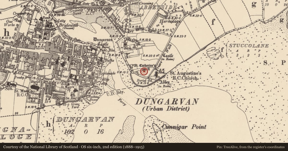 Ordnance Survey six-inch map, 2nd edition (1888–1915) covering the location of Ritual site - holy well, Abbeyside, County Waterford, with a pin at the register's coordinates
