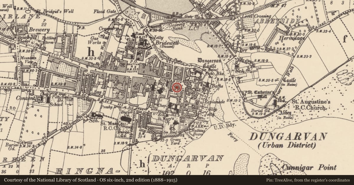 Ordnance Survey six-inch map, 2nd edition (1888–1915) covering the location of Building, Dungarvan, County Waterford, with a pin at the register's coordinates
