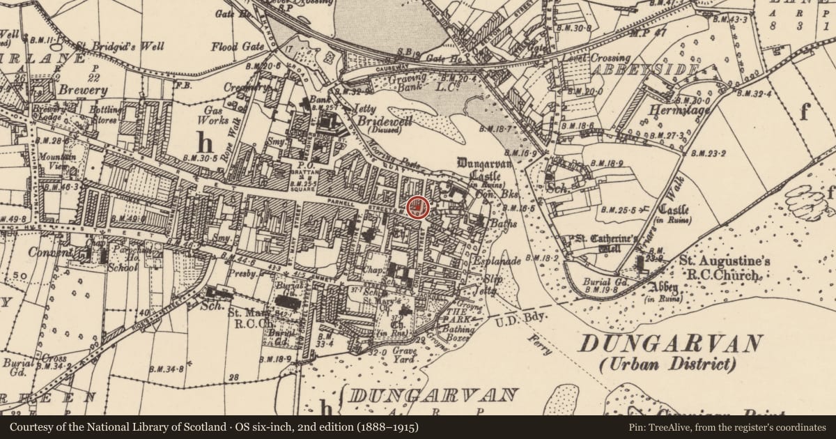 Ordnance Survey six-inch map, 2nd edition (1888–1915) covering the location of Building, Dungarvan, County Waterford, with a pin at the register's coordinates