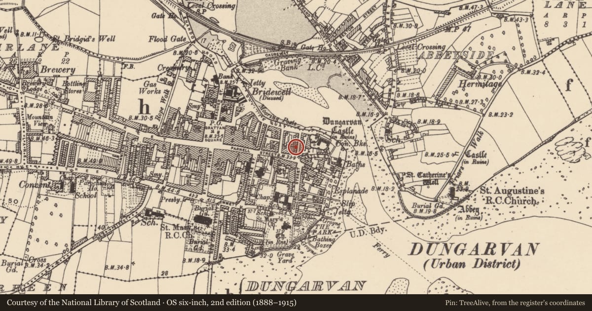 Ordnance Survey six-inch map, 2nd edition (1888–1915) covering the location of Building, Dungarvan, County Waterford, with a pin at the register's coordinates