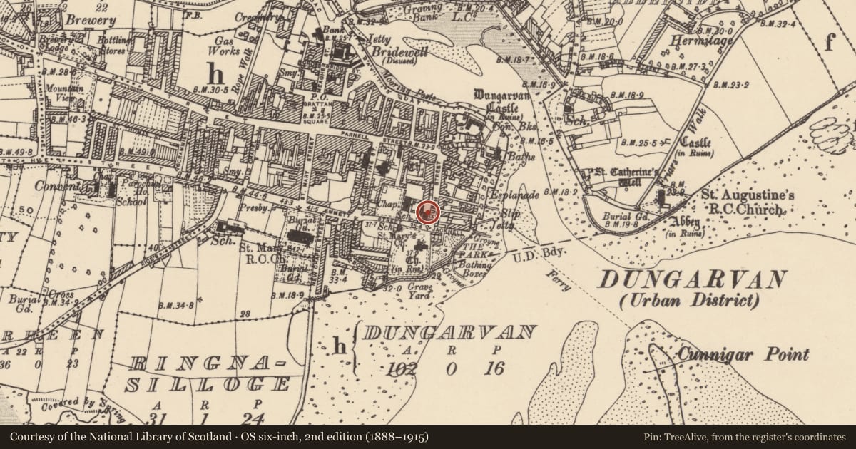 Ordnance Survey six-inch map, 2nd edition (1888–1915) covering the location of Excavation - miscellaneous, Dungarvan, County Waterford, with a pin at the register's coordinates