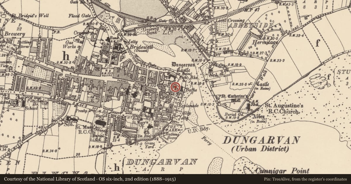 Ordnance Survey six-inch map, 2nd edition (1888–1915) covering the location of Burnt mound, Dungarvan, County Waterford, with a pin at the register's coordinates