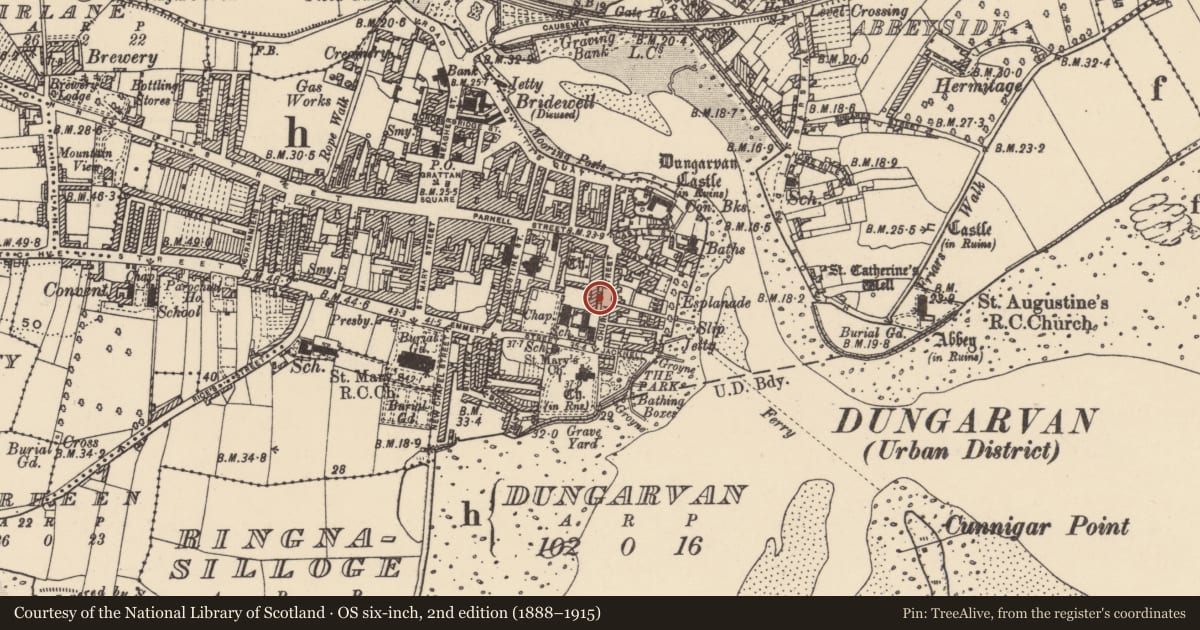 Ordnance Survey six-inch map, 2nd edition (1888–1915) covering the location of Excavation - miscellaneous, Dungarvan, County Waterford, with a pin at the register's coordinates