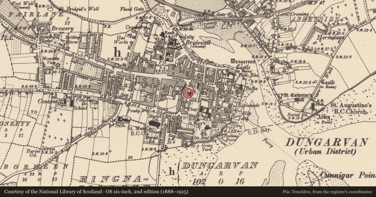 Ordnance Survey six-inch map, 2nd edition (1888–1915) covering the location of Architectural fragment, Dungarvan, County Waterford, with a pin at the register's coordinates