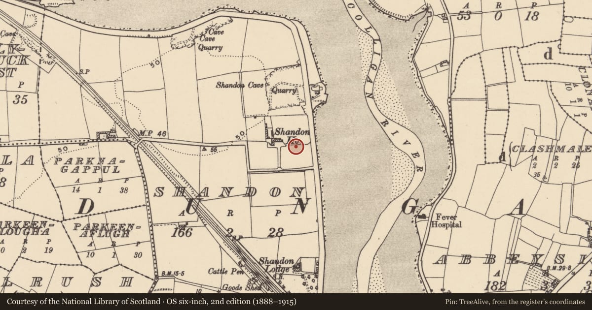 Ordnance Survey six-inch map, 2nd edition (1888–1915) covering the location of Church, Shandon, County Waterford, with a pin at the register's coordinates