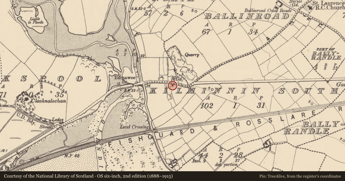 Ordnance Survey six-inch map, 2nd edition (1888–1915) covering the location of Excavation - miscellaneous, Kilminnin North, County Waterford, with a pin at the register's coordinates