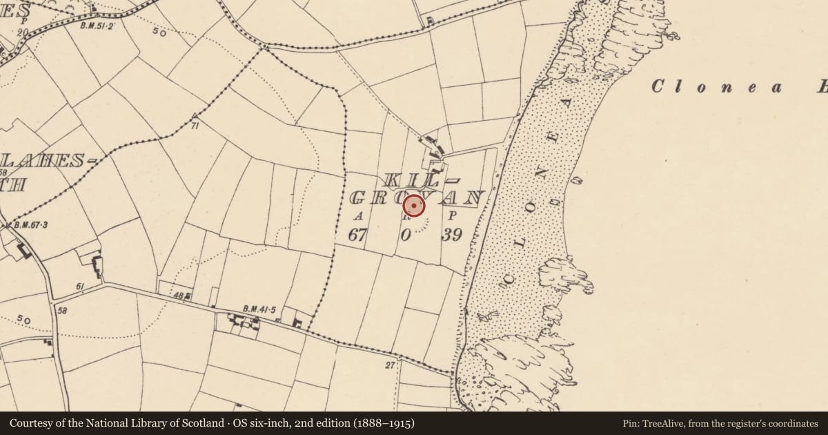 Ordnance Survey six-inch map, 2nd edition (1888–1915) covering the location of Ecclesiastical enclosure, Kilgrovan, County Waterford, with a pin at the register's coordinates