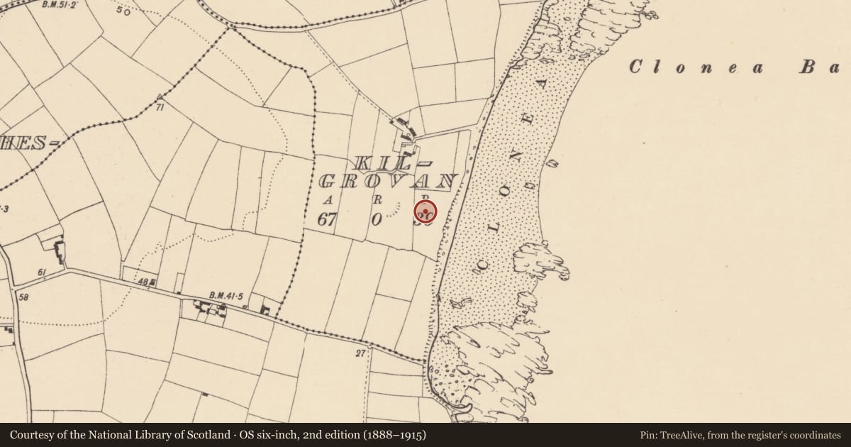 Ordnance Survey six-inch map, 2nd edition (1888–1915) covering the location of Kiln, Kilgrovan, County Waterford, with a pin at the register's coordinates