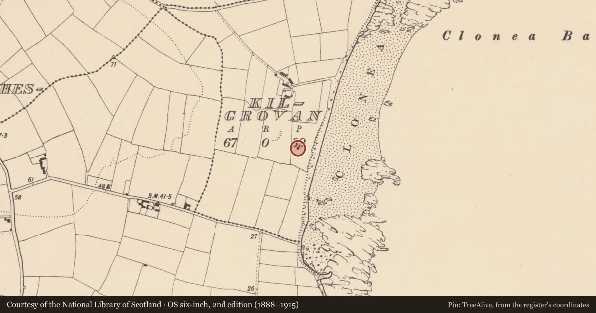 Ordnance Survey six-inch map, 2nd edition (1888–1915) covering the location of Kiln, Kilgrovan, County Waterford, with a pin at the register's coordinates