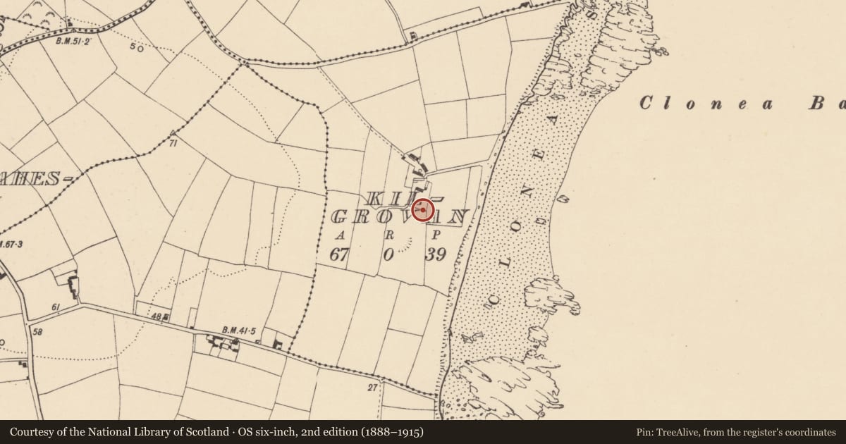 Ordnance Survey six-inch map, 2nd edition (1888–1915) covering the location of Kiln, Kilgrovan, County Waterford, with a pin at the register's coordinates