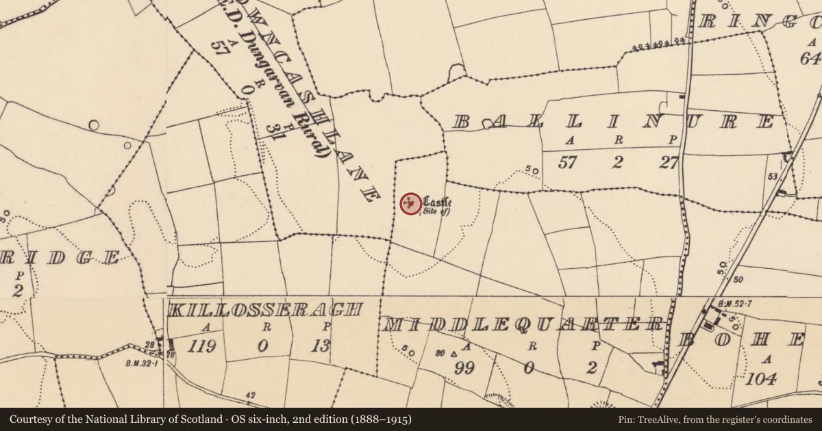 Ordnance Survey six-inch map, 2nd edition (1888–1915) covering the location of Castle - unclassified, Middlequarter, County Waterford, with a pin at the register's coordinates