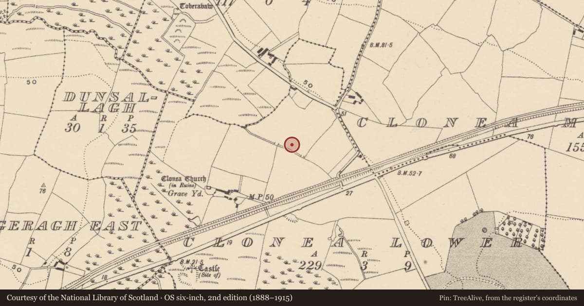 Ordnance Survey six-inch map, 2nd edition (1888–1915) covering the location of Burnt mound, Clonea Lower, County Waterford, with a pin at the register's coordinates
