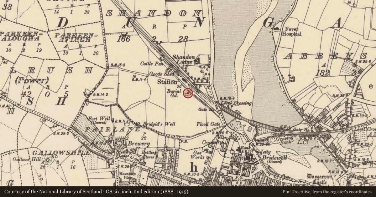 Ordnance Survey six-inch map, 2nd edition (1888–1915) covering the location of Burial ground, Shandon, County Waterford, with a pin at the register's coordinates