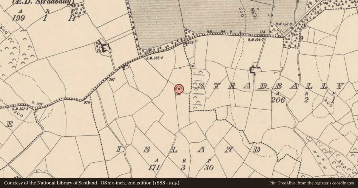 Ordnance Survey six-inch map, 2nd edition (1888–1915) covering the location of Ringfort - rath, Island, County Waterford, with a pin at the register's coordinates