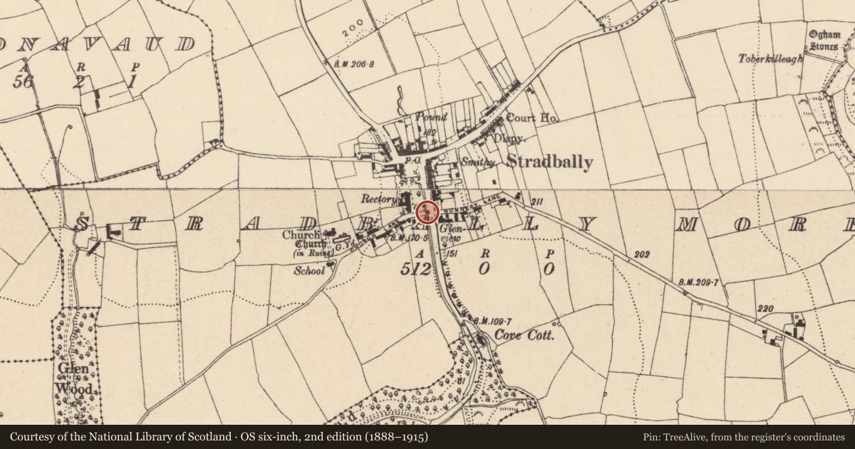 Ordnance Survey six-inch map, 2nd edition (1888–1915) covering the location of Settlement cluster, Stradbally More, County Waterford, with a pin at the register's coordinates