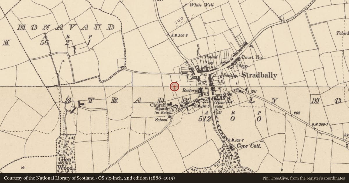Ordnance Survey six-inch map, 2nd edition (1888–1915) covering the location of Kiln, Stradbally More, County Waterford, with a pin at the register's coordinates
