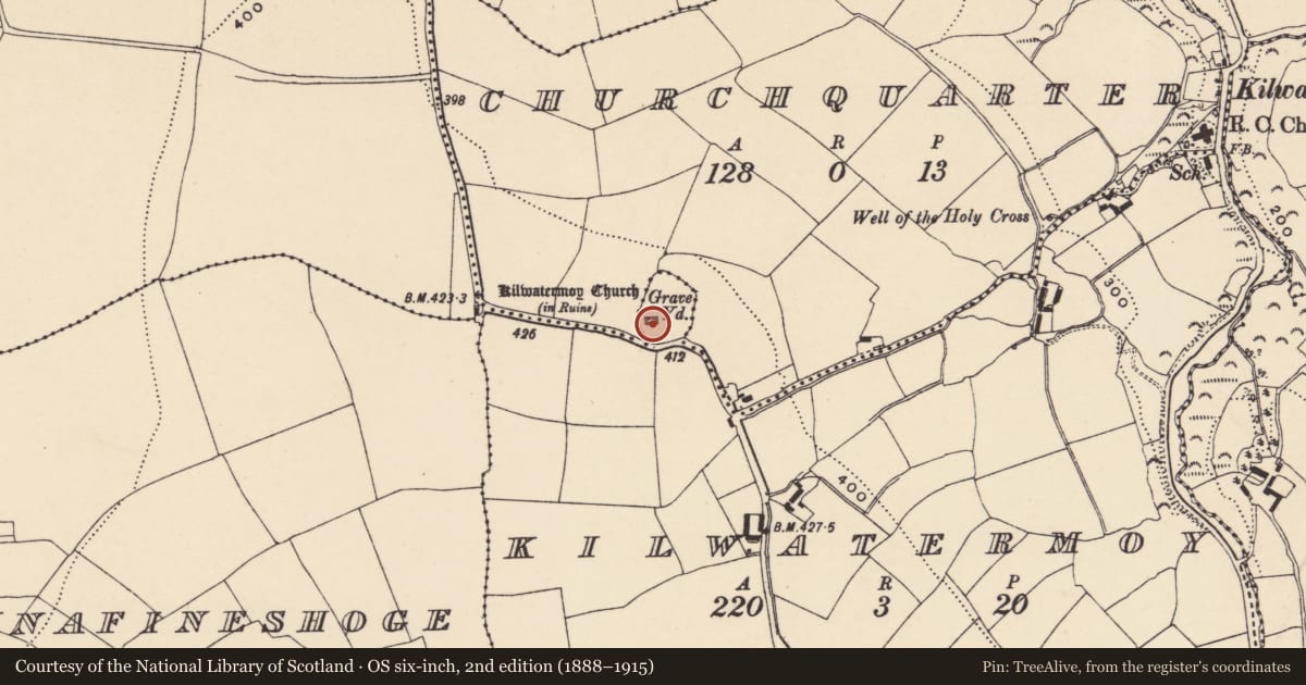 Ordnance Survey six-inch map, 2nd edition (1888–1915) covering the location of Church, Kilwatermoy, County Waterford, with a pin at the register's coordinates