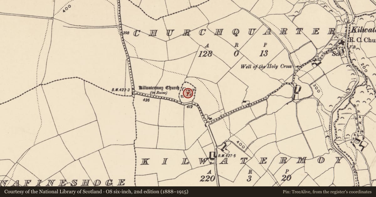 Ordnance Survey six-inch map, 2nd edition (1888–1915) covering the location of Souterrain, Kilwatermoy, County Waterford, with a pin at the register's coordinates