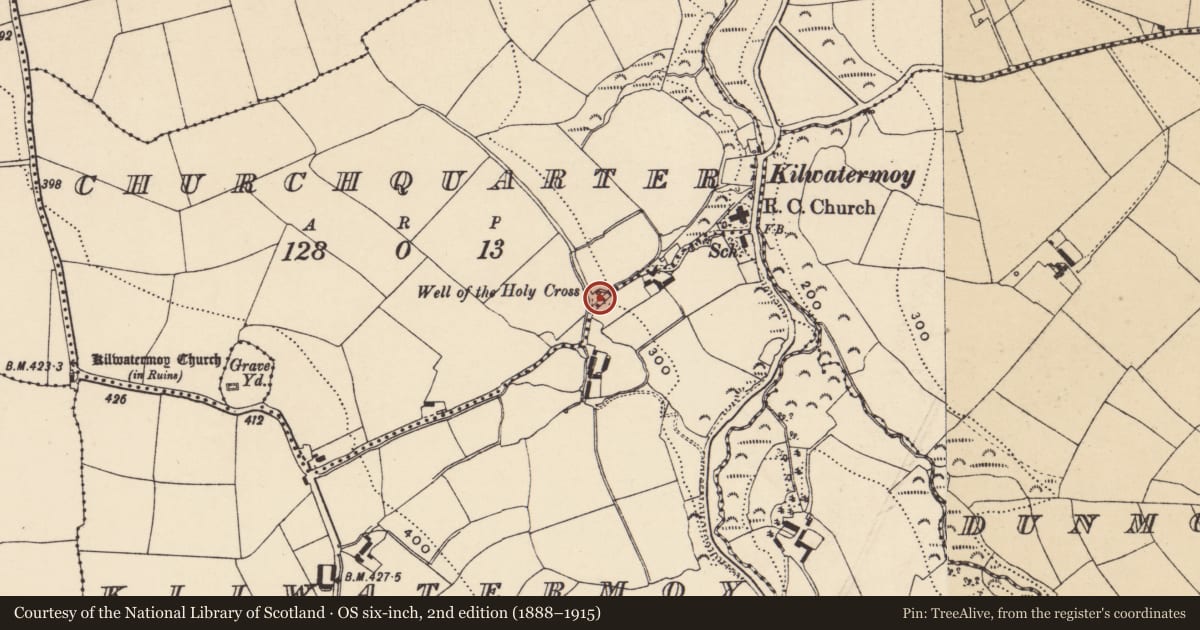 Ordnance Survey six-inch map, 2nd edition (1888–1915) covering the location of Penitential station, Carrigroe, County Waterford, with a pin at the register's coordinates