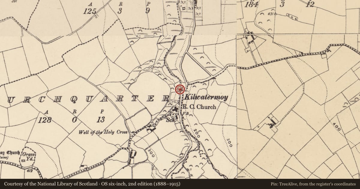 Ordnance Survey six-inch map, 2nd edition (1888–1915) covering the location of Mill - unclassified, Churchquarter, County Waterford, with a pin at the register's coordinates