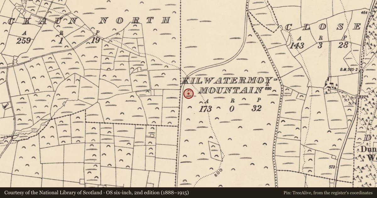 Ordnance Survey six-inch map, 2nd edition (1888–1915) covering the location of Standing stone, Kilwatermoymountain, County Waterford, with a pin at the register's coordinates
