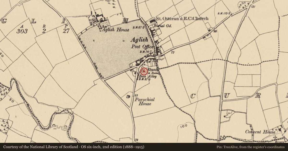 Ordnance Survey six-inch map, 2nd edition (1888–1915) covering the location of Headstone, Aglish, County Waterford, with a pin at the register's coordinates