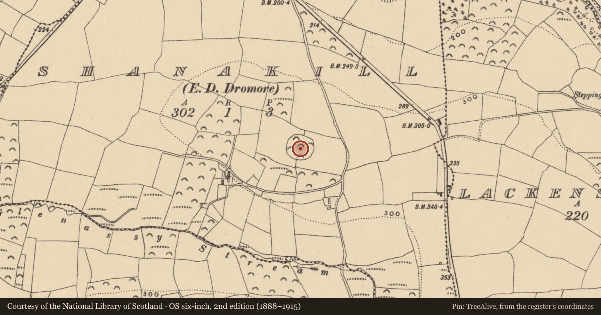 Ordnance Survey six-inch map, 2nd edition (1888–1915) covering the location of Hilltop enclosure, Shanakill (Decies within Drum By., Aglish Par.), County Waterford, with a pin at the register's coordinates