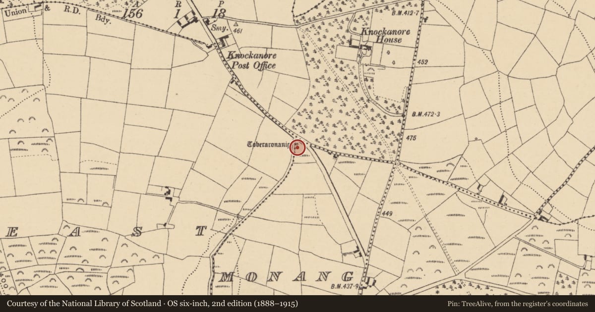 Ordnance Survey six-inch map, 2nd edition (1888–1915) covering the location of Well, Monang, County Waterford, with a pin at the register's coordinates